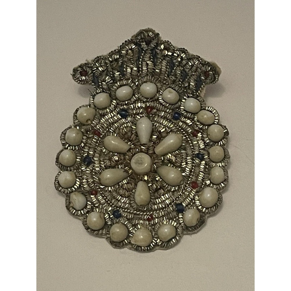 Metal Thread Embroidered Beaded Patch Brooch Pin White Milk Glass Beads India